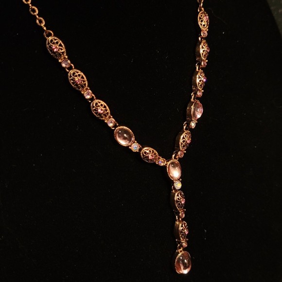Vintage AVON Pink Glass Cabochon Y Drop Necklace Copper Filigree & Chain 22" - Picture 8 of 12